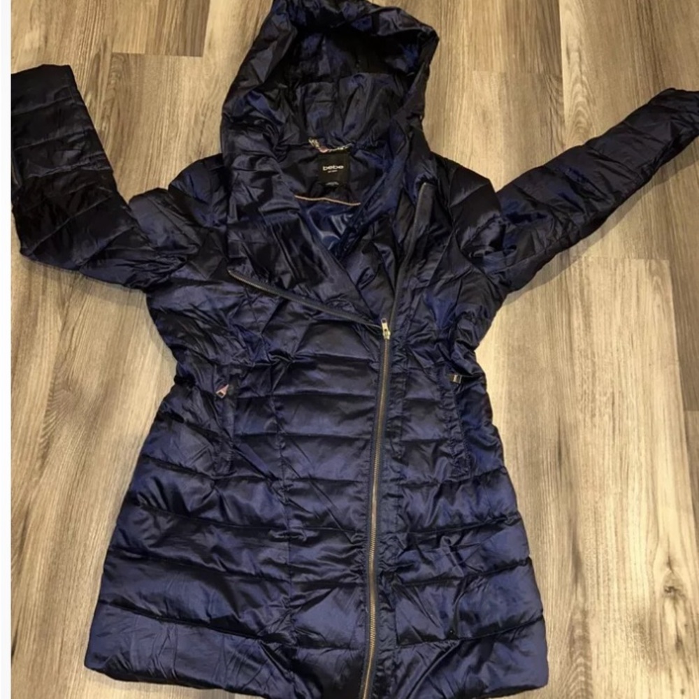 Women's Navy Hooded Bebe Puffer Jacket size medium